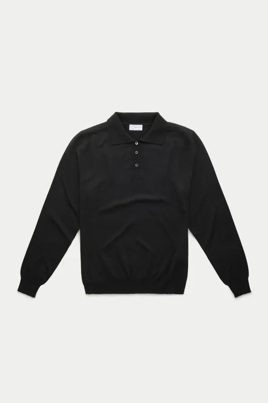 Wool Knitted Long Sleeve Polo Black sold by Wolf vs Goat