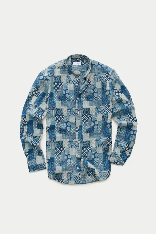 Regular Long Sleeve Button Down Cotton Shirt Blue Patchwork sold by Wolf vs Goat