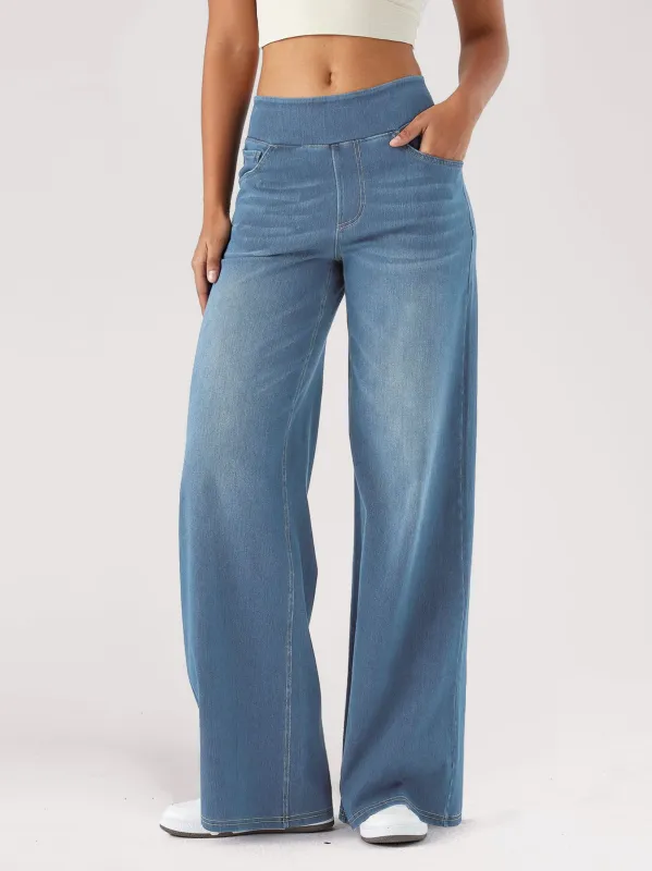 SHOWITTY Women's High-Waisted Wide-Leg Jeans | Crossover Flared Jeans Stretchy Denim Pants sold by Showitty