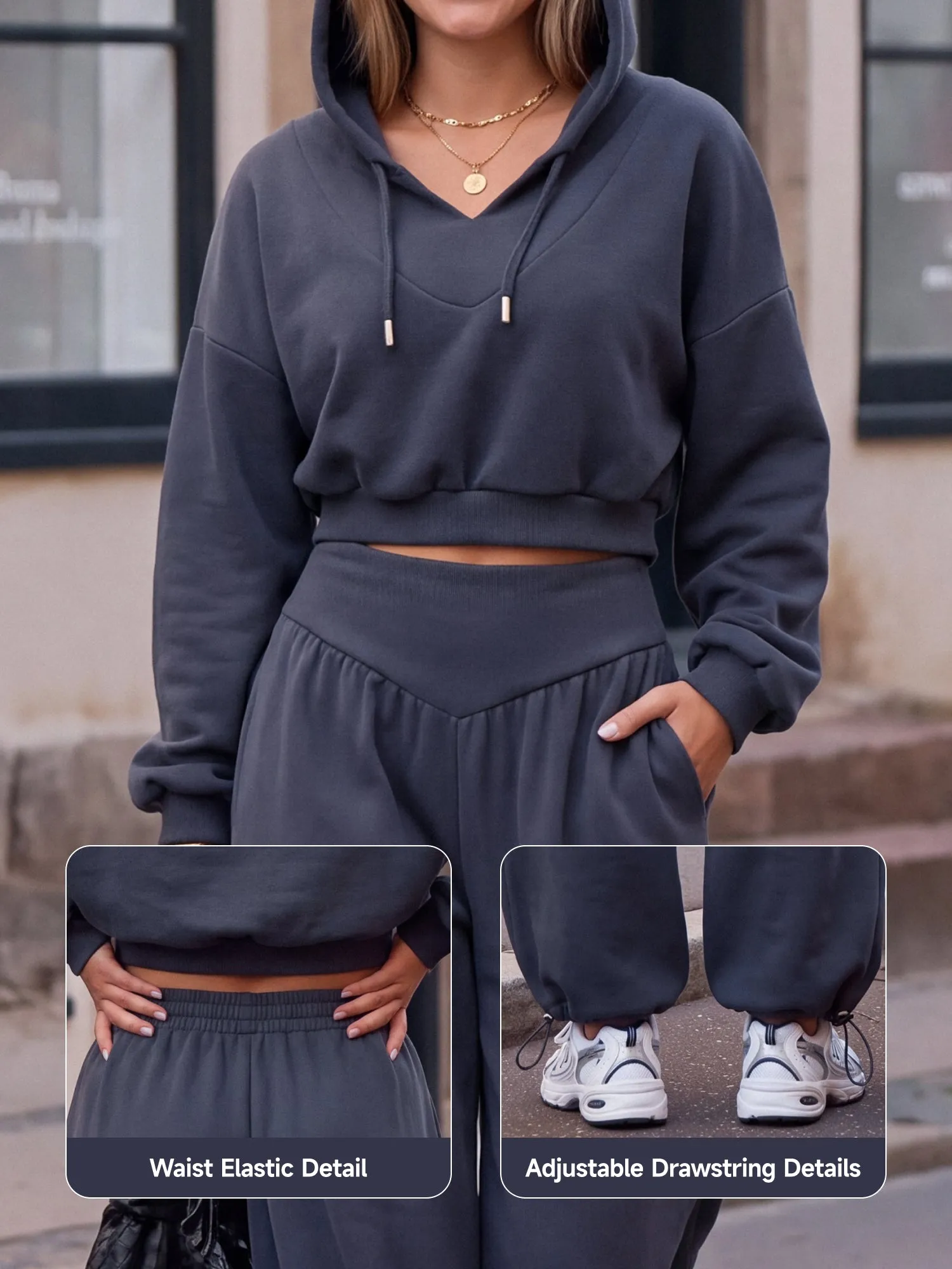 【Ready Together】SHOWITTY Womens Cropped Hoodie Pants Set V Neck Wide Leg Lounge Set Lightweight Casual Two Piece Outfit sold by Showitty