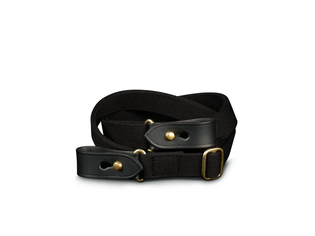 Shoulder Slings - Stowaway (Black Webbing / Black Leather / Brass) made by Billingham