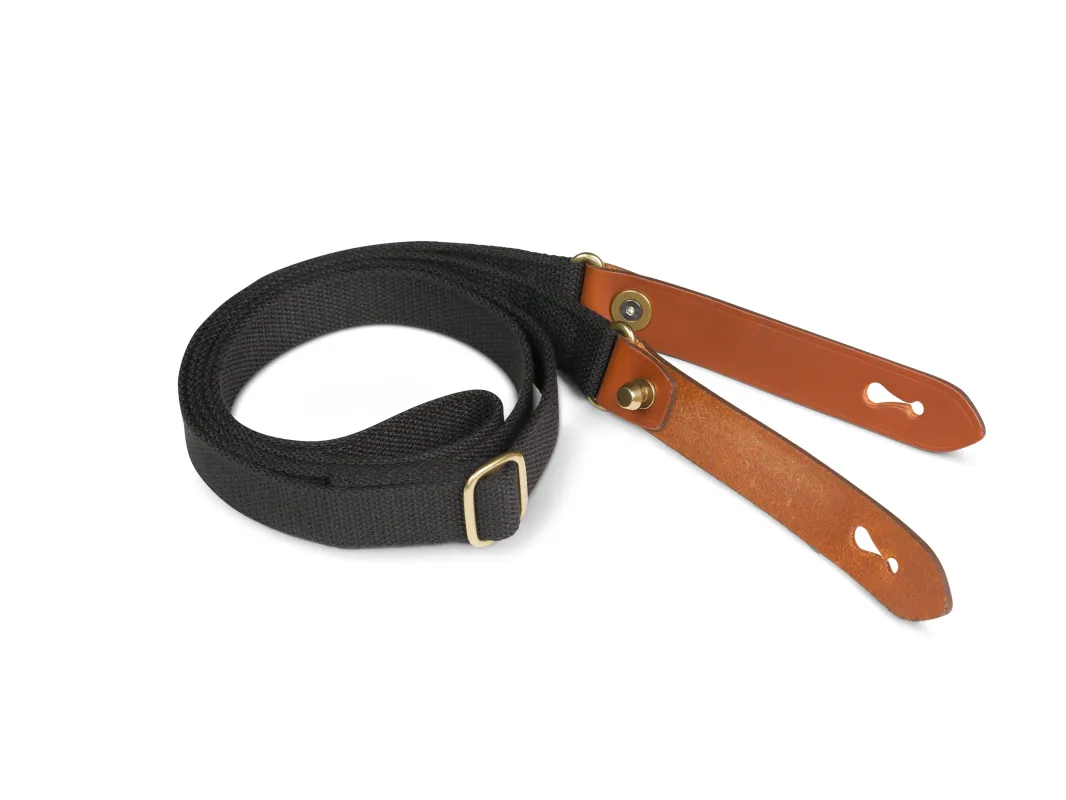 Shoulder Slings - Stowaway (Black Webbing / Tan Leather / Brass) made by Billingham