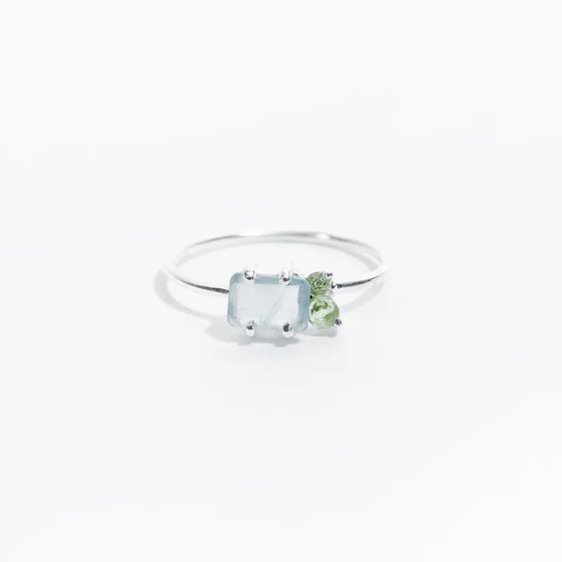 Silver Chalcedony and Peridot Faceted Three Stone Ring sold by Silver Lotus