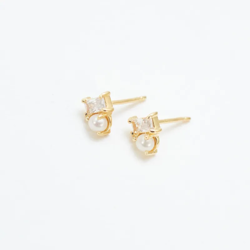 Gold Vermeil CZ Baguette & Pearl Studs sold by Silver Lotus