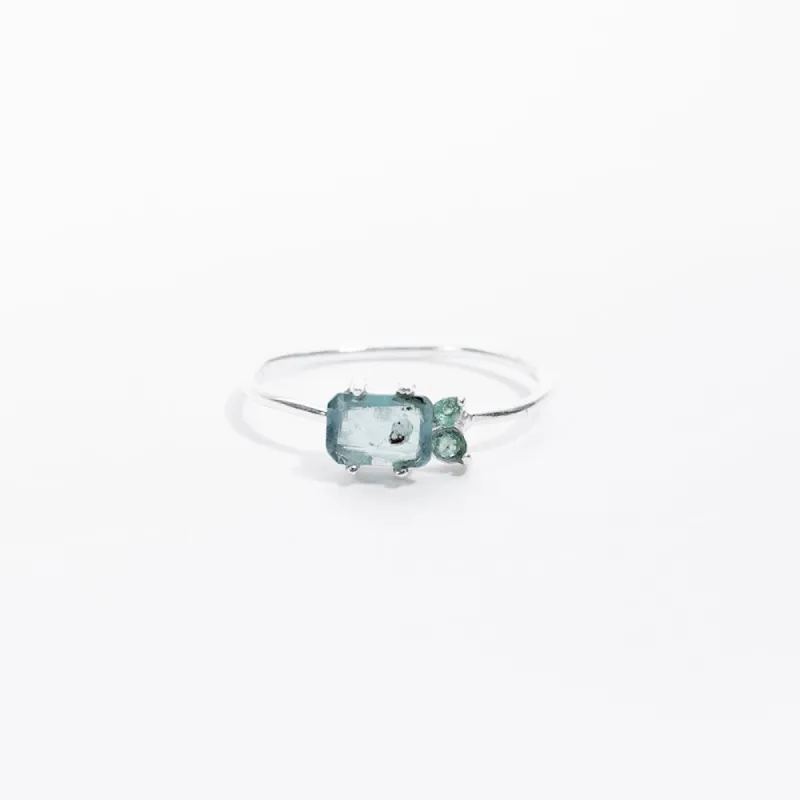 Silver Chalcedony and Blue Tourmaline Faceted Three Stone Ring sold by Silver Lotus