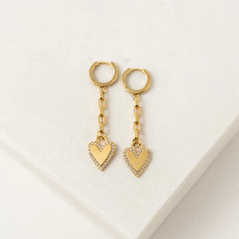 Verona Gold Pave Heart Huggie Drop Hoops sold by Silver Lotus