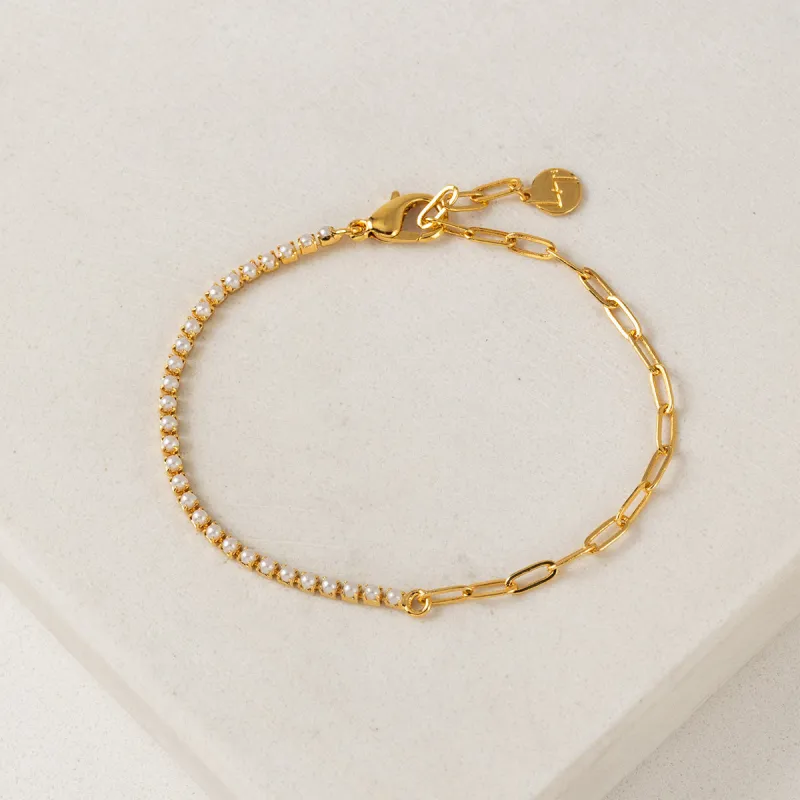 Gold Plated Tennis Pearl Paperclip Bracelet sold by Silver Lotus