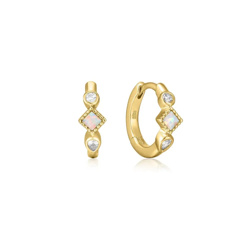 Gold Plated Opal & CZ Stone Huggie Hoops sold by Silver Lotus