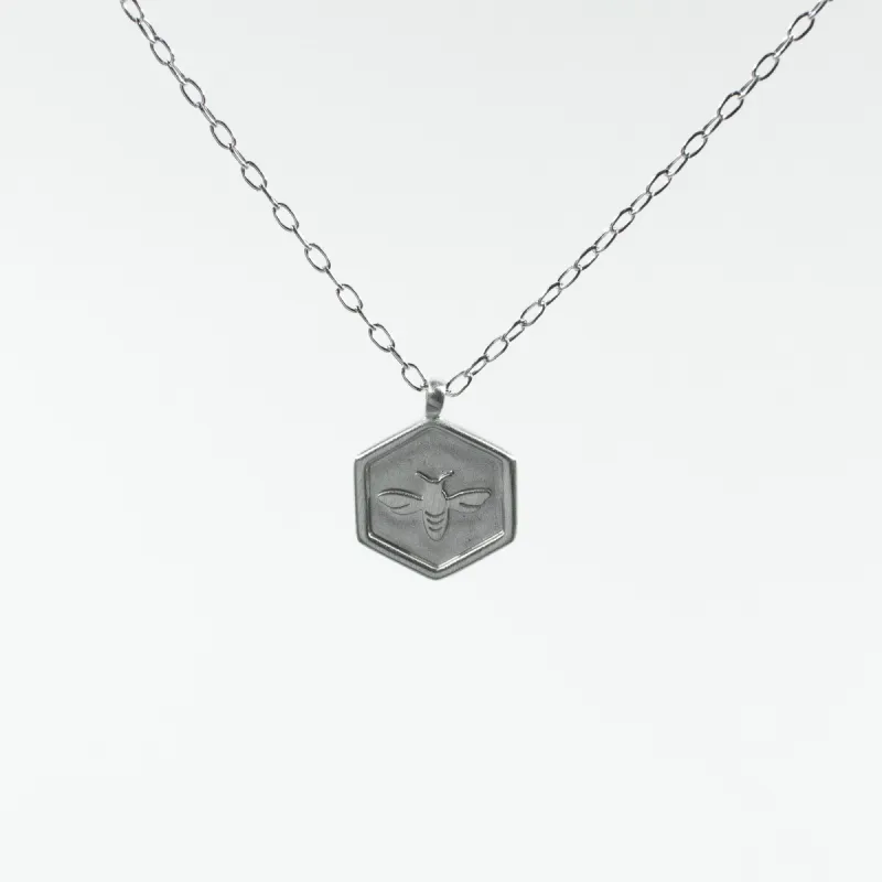 Brushed Silver Hexagon Shaped Honeybee Necklace sold by Silver Lotus