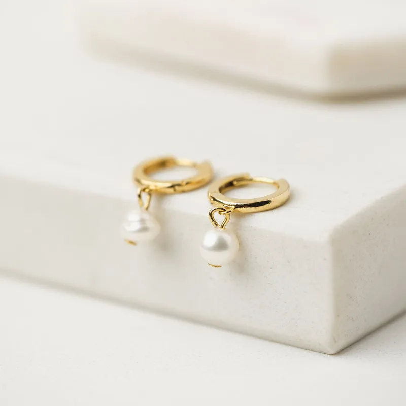 Gold Plated Amari Pearl Huggie Hoop Earrings sold by Silver Lotus