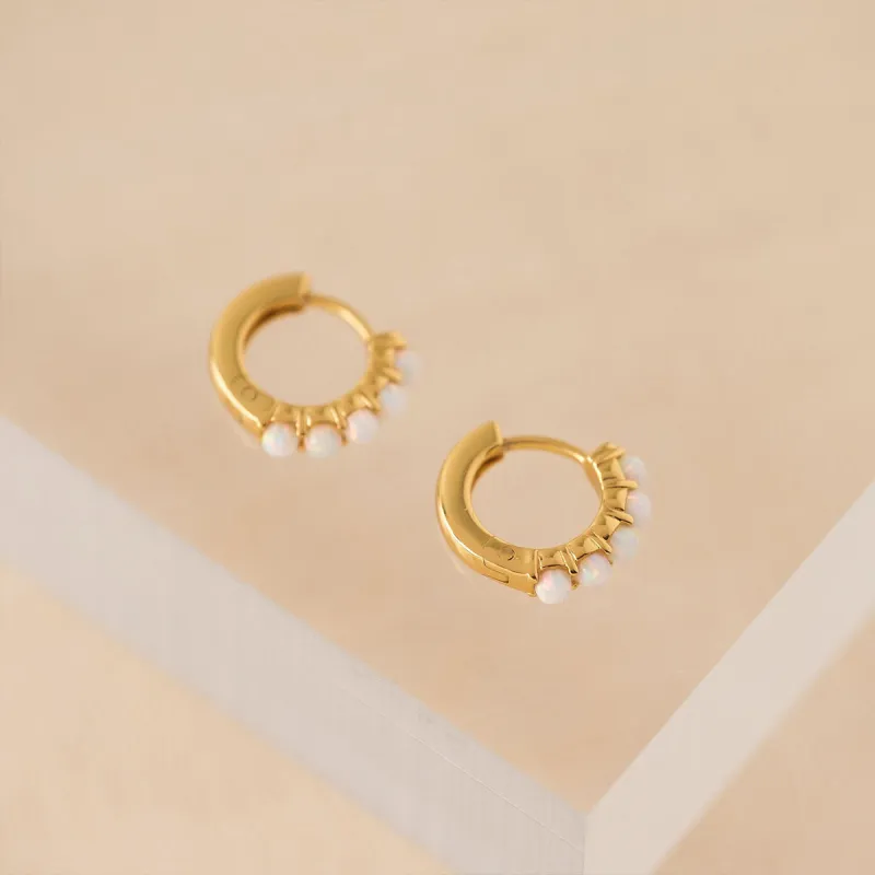 Gold Plated Opal Huggie Hoop Earrings sold by Silver Lotus