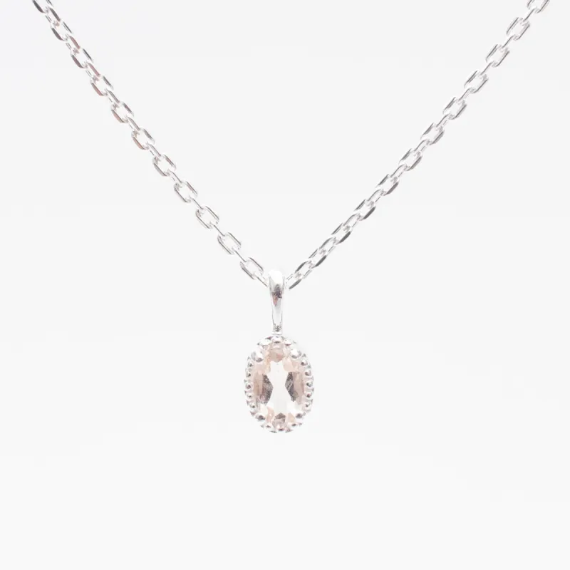 Silver Oval Milgrain Edge Morganite Necklace made by Silver Lotus