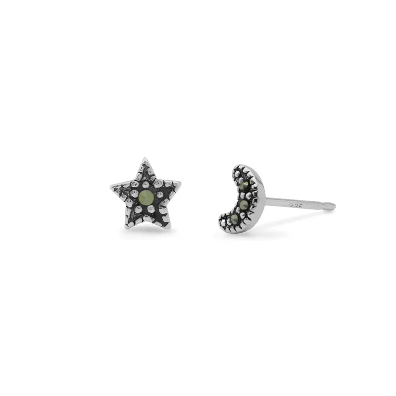 Silver Marcasite Moon & Star Studs sold by Silver Lotus