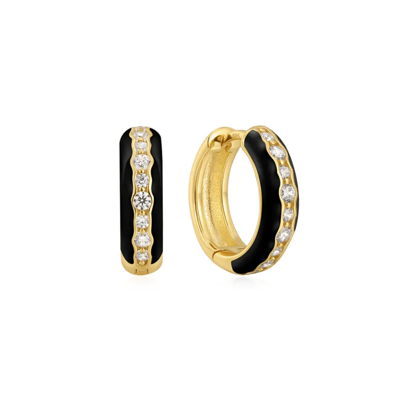 Gold Plated Black Enamel & CZ Channel Hoops sold by Silver Lotus