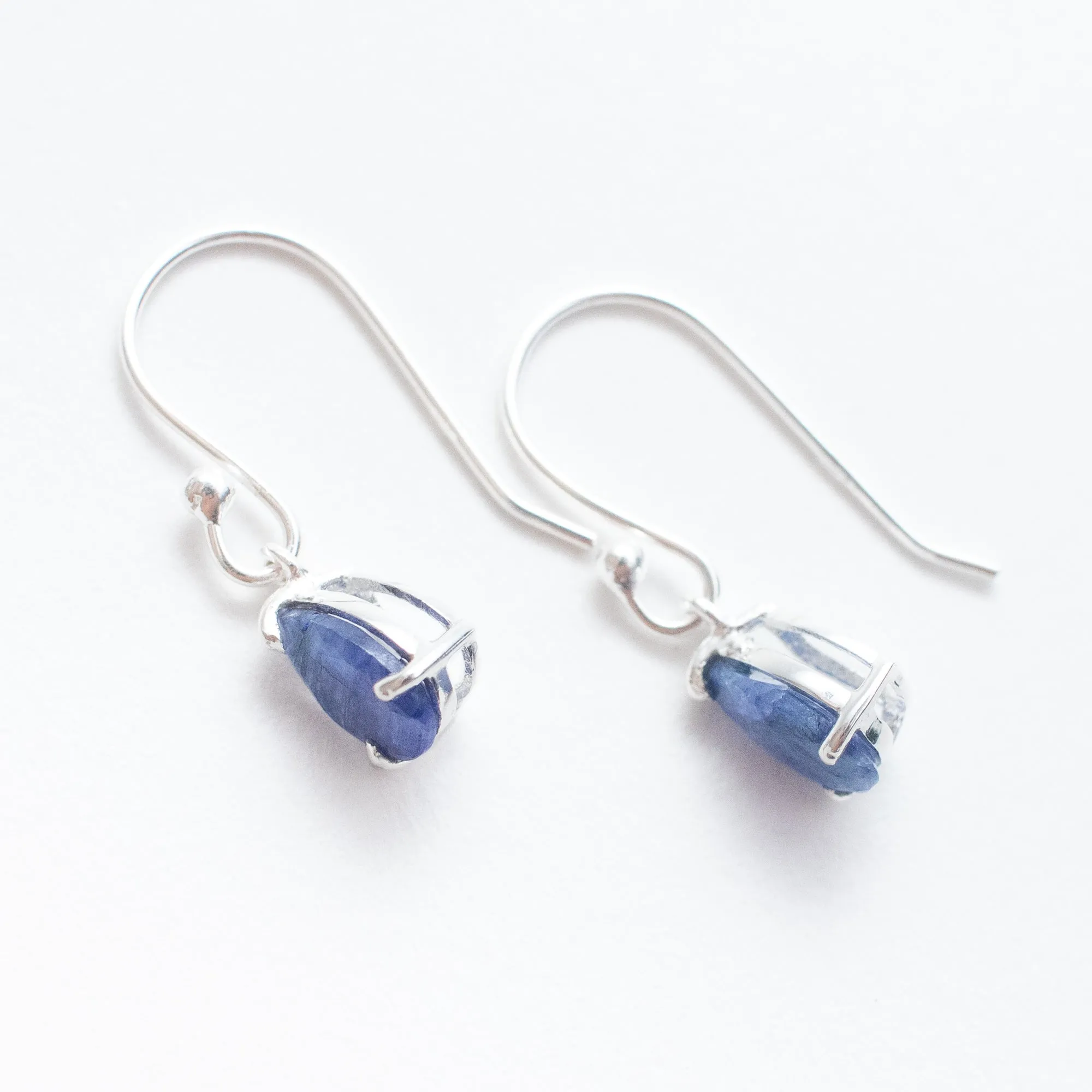 Silver Raw Blue Sapphire Teardrop Earrings sold by Silver Lotus