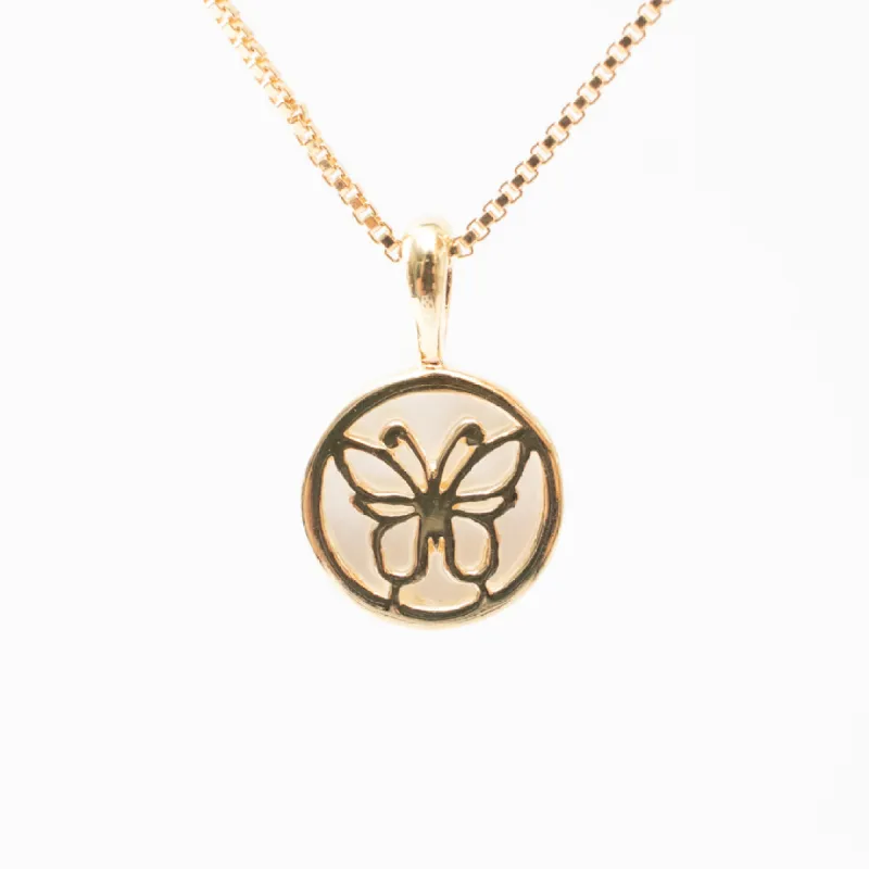 Gold Vermeil Mother of Pearl Butterfly Disc Necklace sold by Silver Lotus