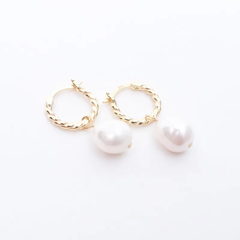 Gold Vermeil Rope Hoops with Dangling Pearl sold by Silver Lotus