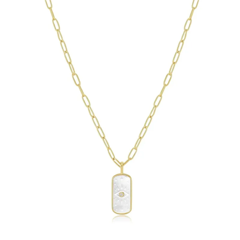 Gold Plated Mother of Pearl Evil Eye Paperclip Necklace sold by Silver Lotus