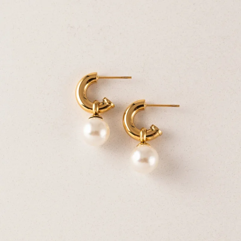 Gold Solstice Pearl Drop Hoop Earrings sold by Silver Lotus