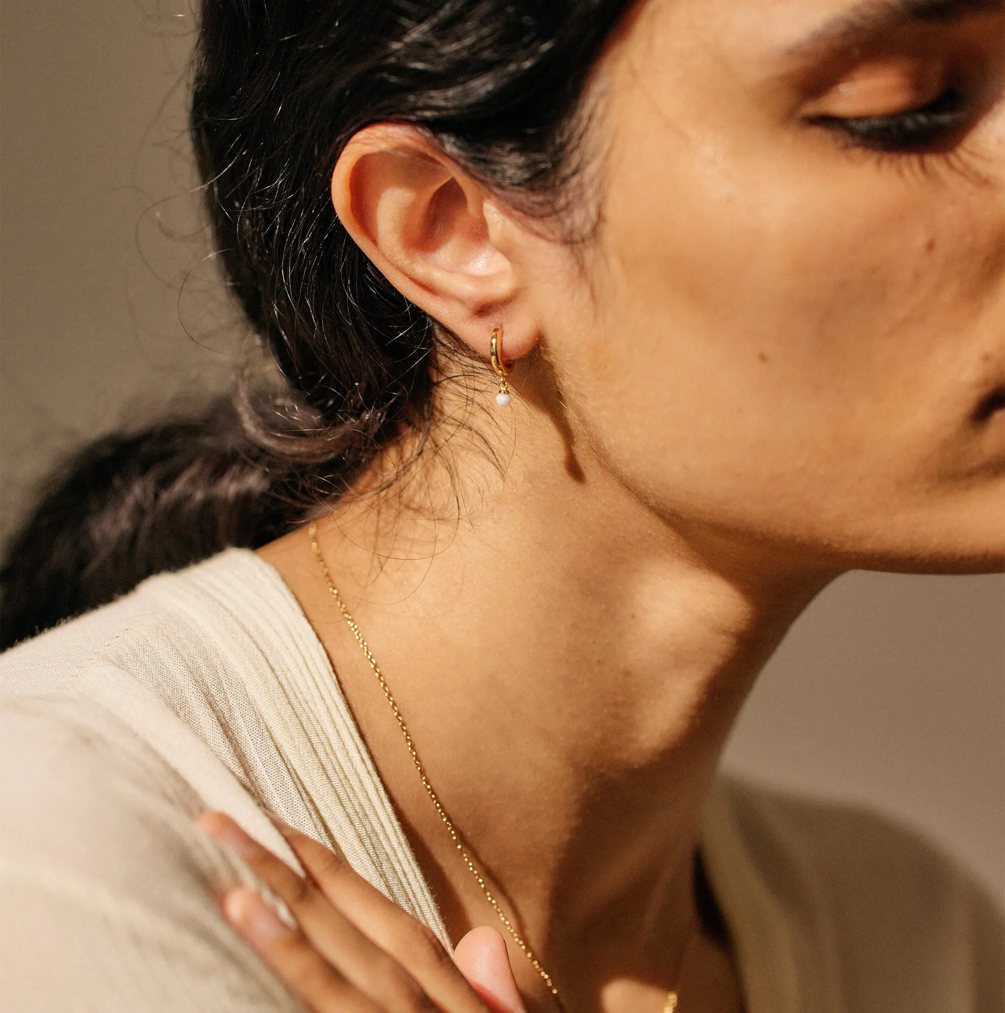 Gold Plated Opal Huggie Drop Hoop Earrings sold by Silver Lotus product image thumbnail 3