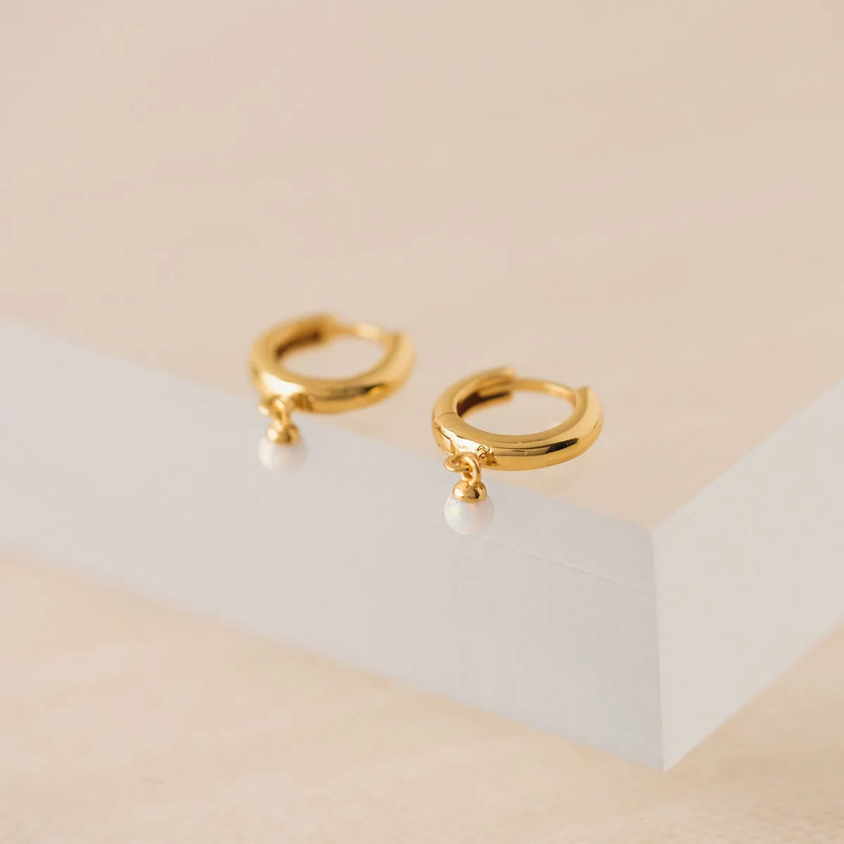 Gold Plated Opal Huggie Drop Hoop Earrings sold by Silver Lotus