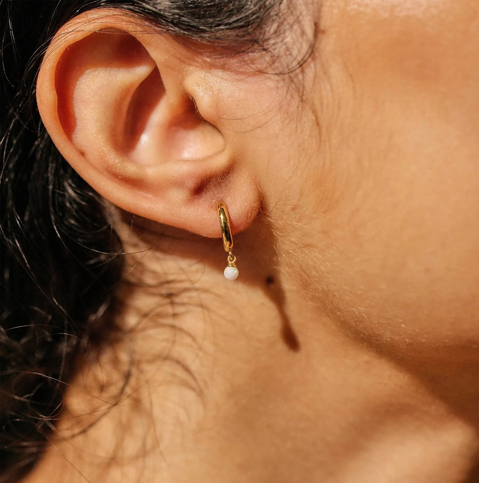 Gold Plated Opal Huggie Drop Hoop Earrings sold by Silver Lotus product image thumbnail 2