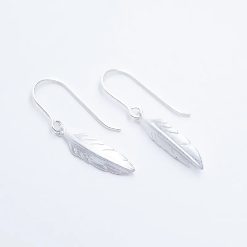 Brushed Silver Feather Dangle Earrings made by Silver Lotus