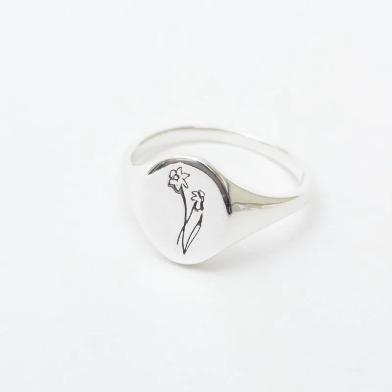 March Birth Flower Signet Ring sold by Silver Lotus
