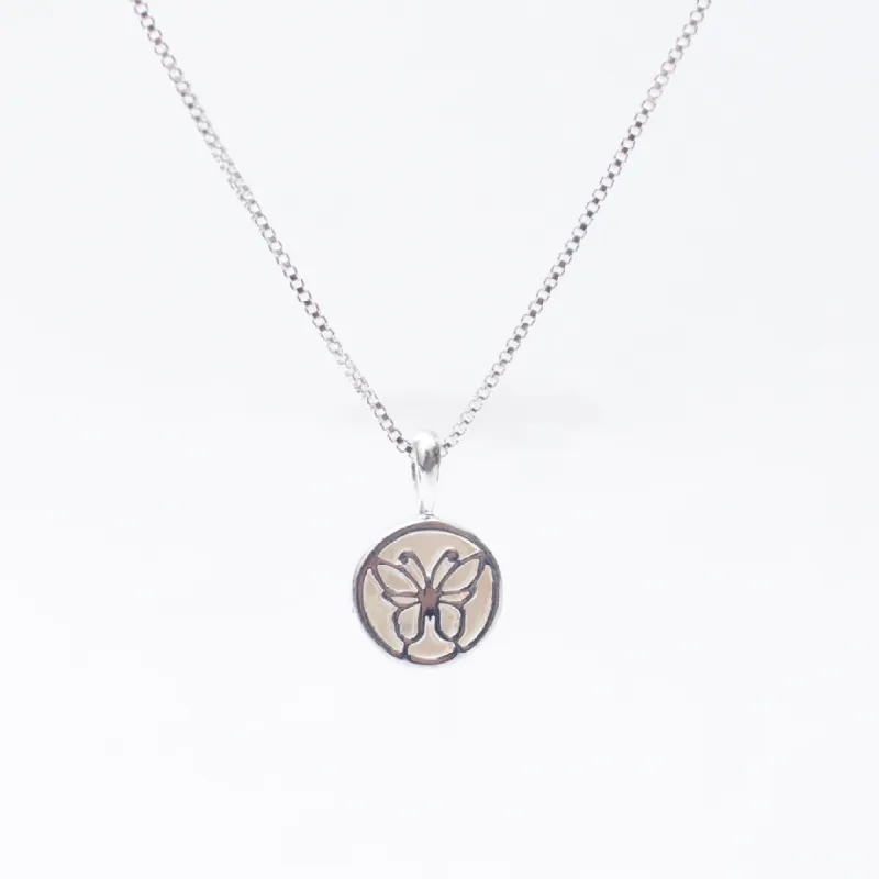Silver & Mother of Pearl Butterfly Disc Necklace sold by Silver Lotus