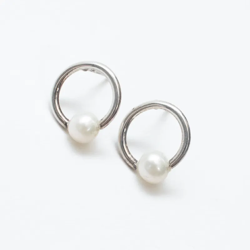 Silver Open Circle Pearl Studs sold by Silver Lotus
