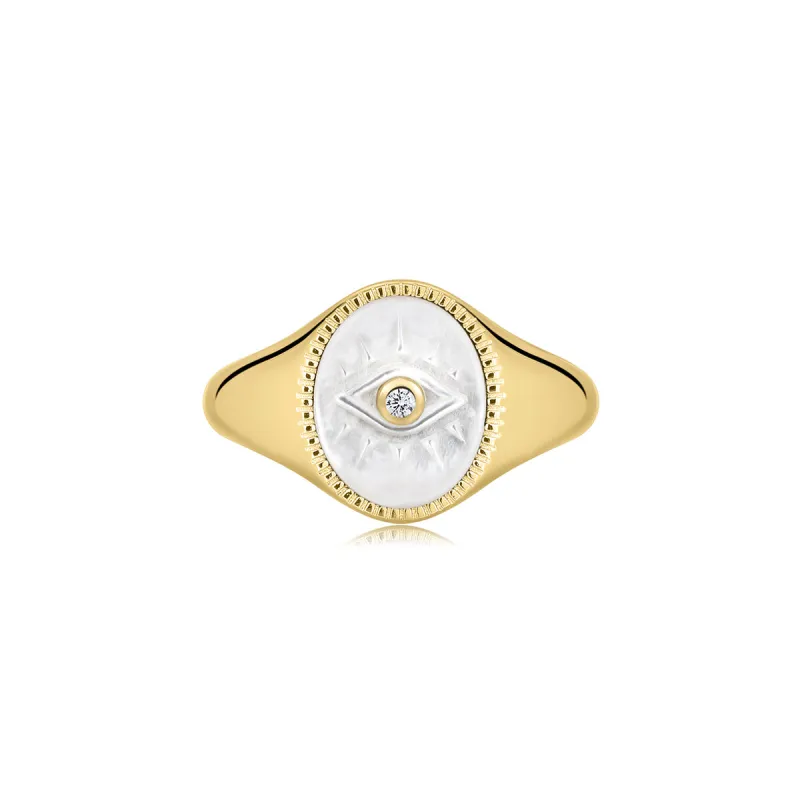 Gold Vermeil Mother of Pearl Evil Eye Signet Ring sold by Silver Lotus