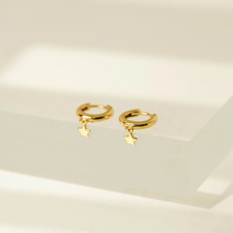 Gold Plated Star Charm Huggie Drop Hoop Earrings sold by Silver Lotus