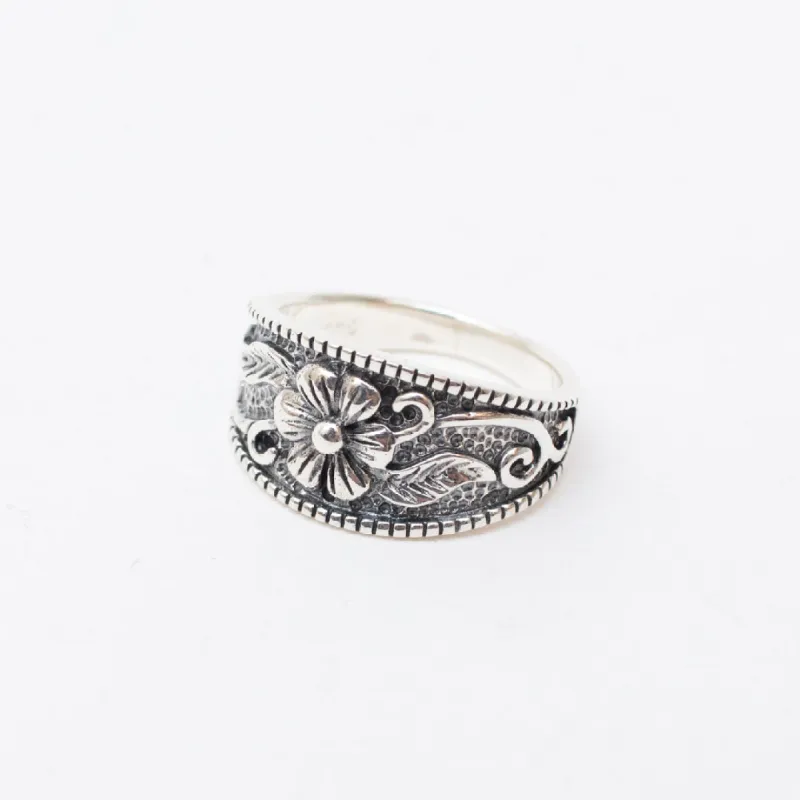 Silver Oxidized Flower & Leaf Ring sold by Silver Lotus