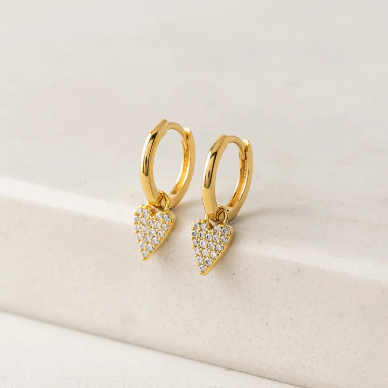 Flutter Gold Heart Huggie Drop Hoops sold by Silver Lotus