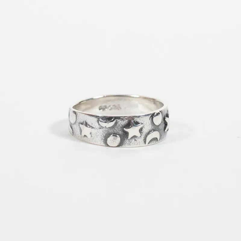 Silver Stamped Moon & Star Ring sold by Silver Lotus