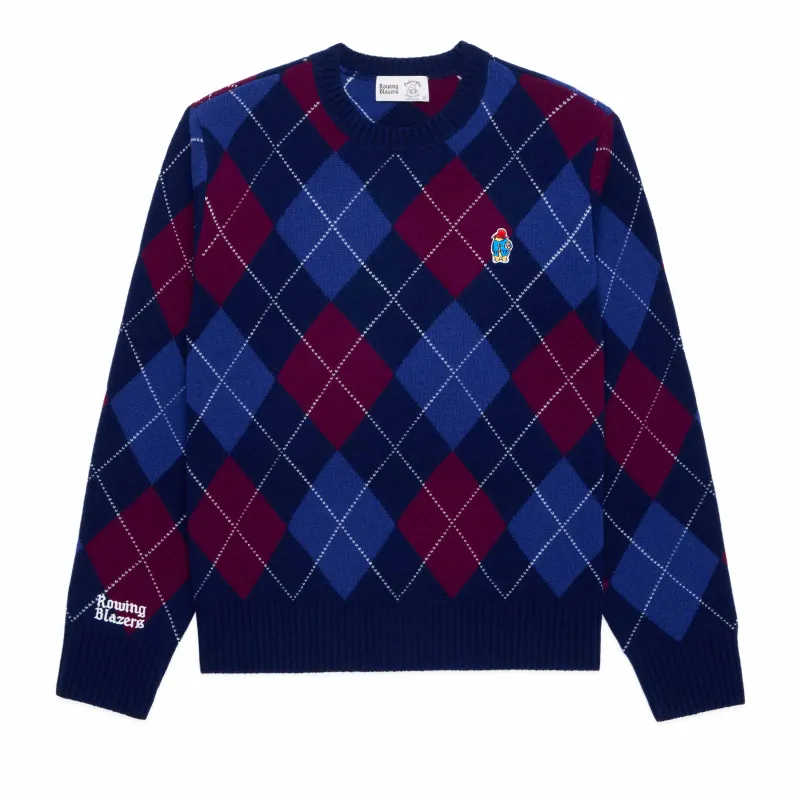 Paddington Cashmere Argyle Sweater Navy and Maroon Argyle sold by Rowing Blazers