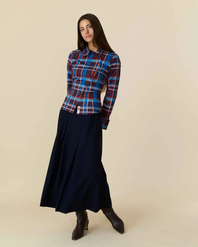Women's Cotton Poplin Plaid Asymmetrical Button Down Blue Brown Plaid sold by Rowing Blazers