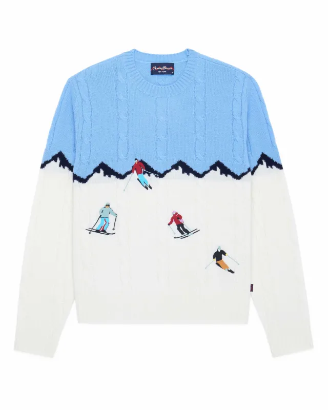 Men's Cashmere Apres Skis Cable Knit Sweater Blue Multi sold by Rowing Blazers