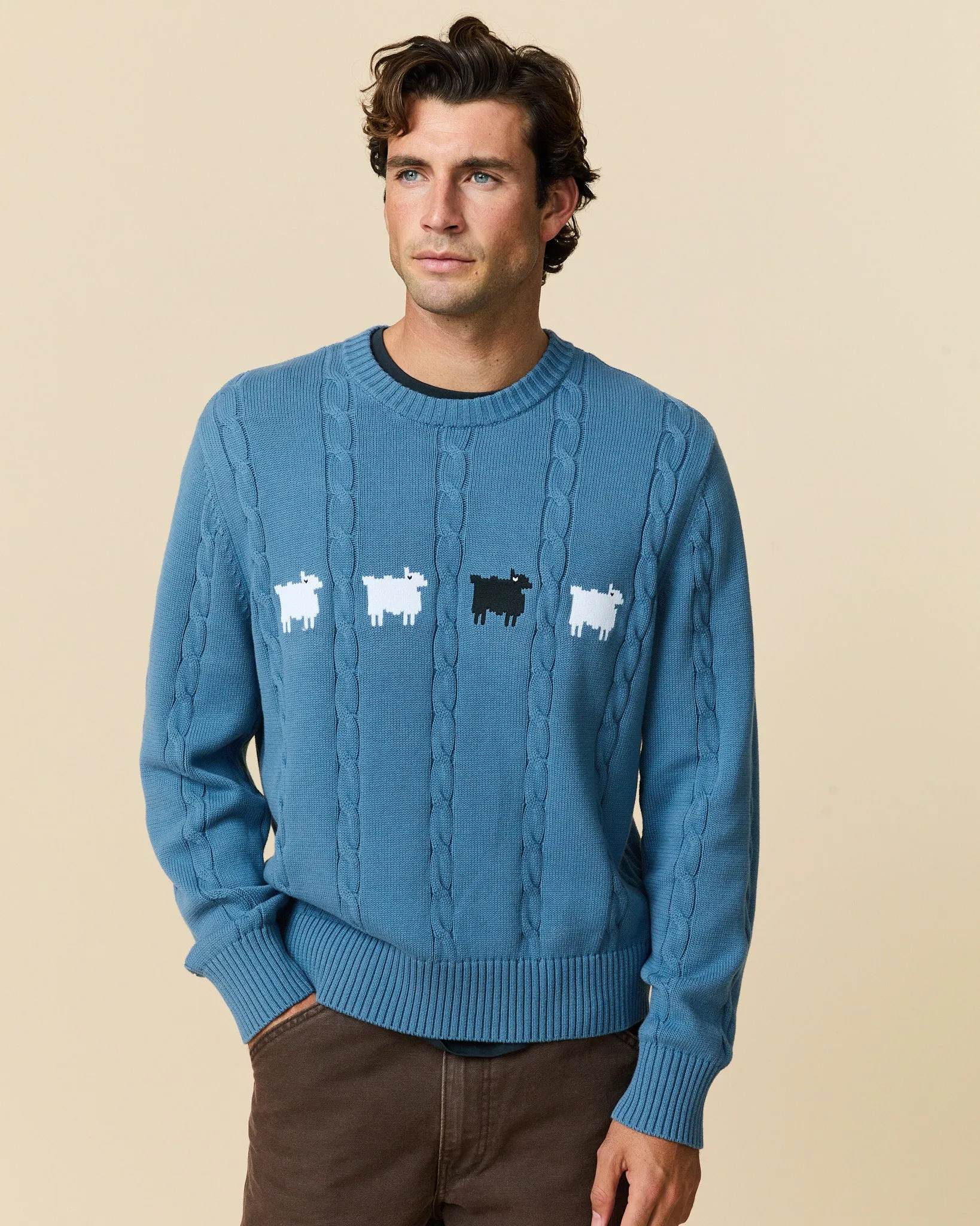 Men's Cotton Cable Sheep Sweater Blue sold by Rowing Blazers