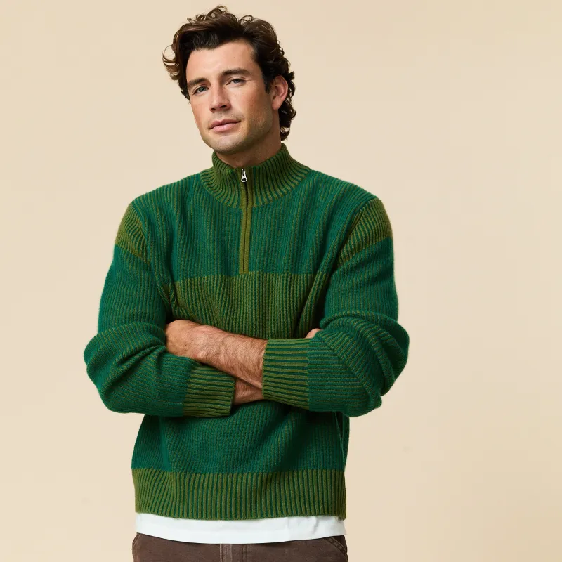 Cashmere Quarter Zip Ottoman Rib Sweater Green made by Rowing Blazers