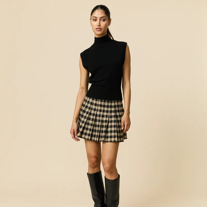 Women's Pleated Check Skirt Brown Black Check sold by Rowing Blazers