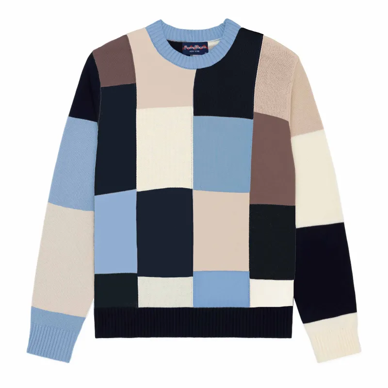 Men's Cotton Patchwork Sweater Blue Patchwork made by Rowing Blazers