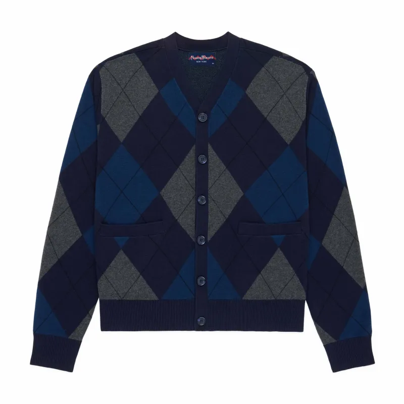 Men's Cotton Argyle Cardigan Navy Argyle sold by Rowing Blazers
