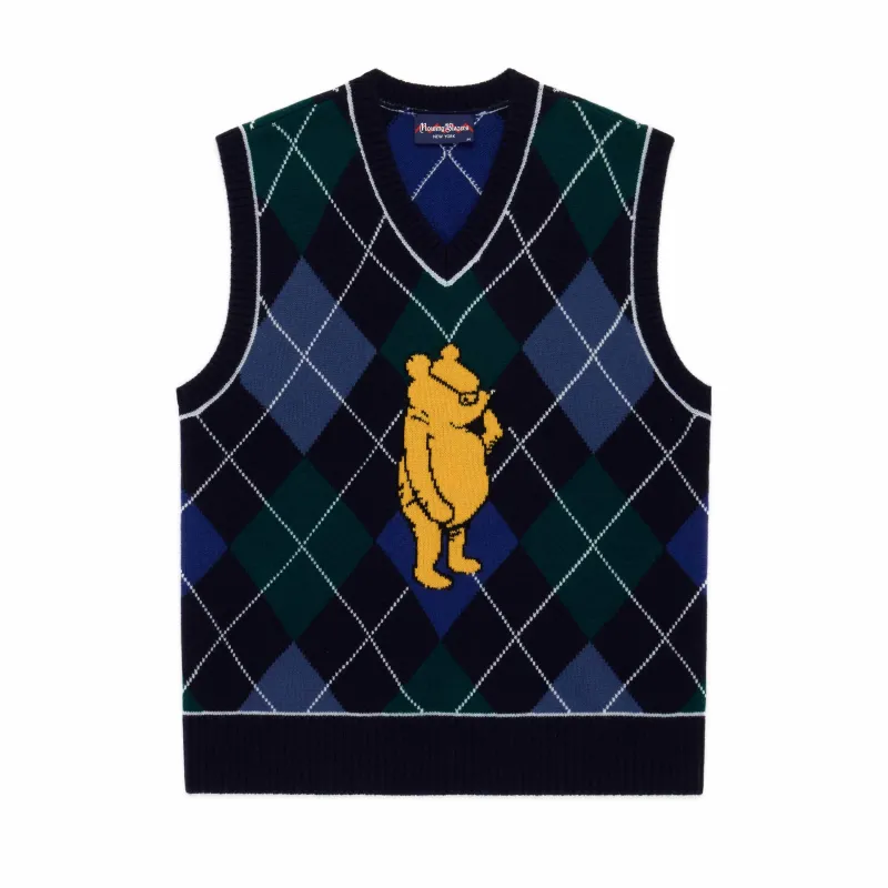 Men's Cashmere Argyle Pooh Sweater Vest Navy Argyle sold by Rowing Blazers