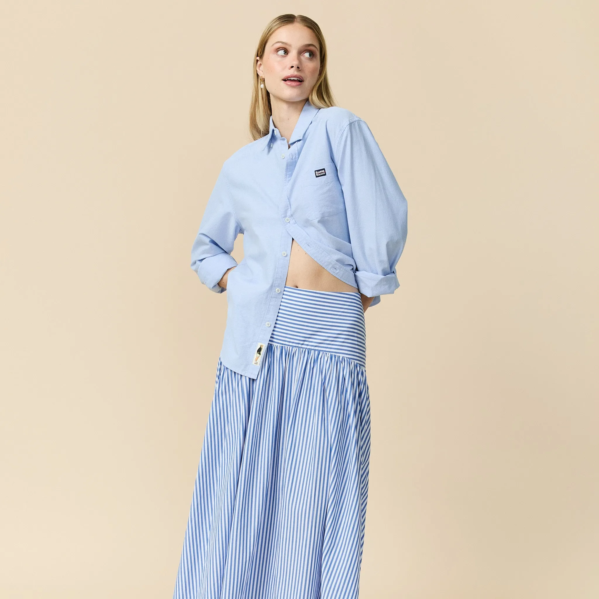 Women's Cotton Poplin Pinstripe Skirt Bright Blue Stripe sold by Rowing Blazers product image thumbnail 3