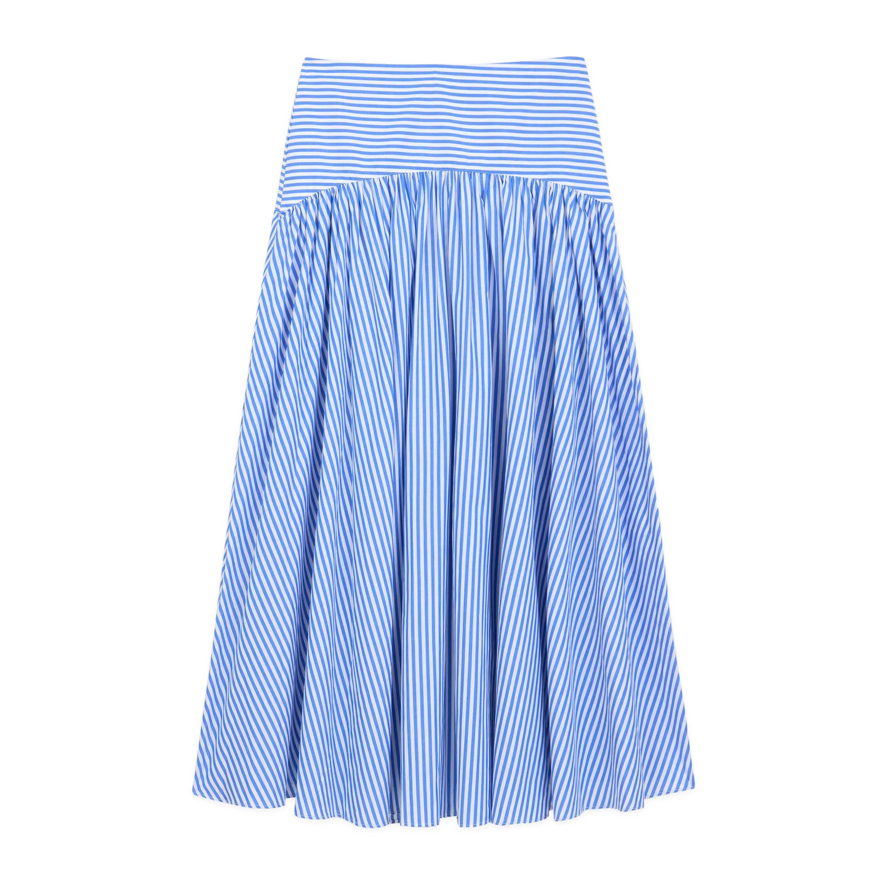 Women's Cotton Poplin Pinstripe Skirt Bright Blue Stripe sold by Rowing Blazers