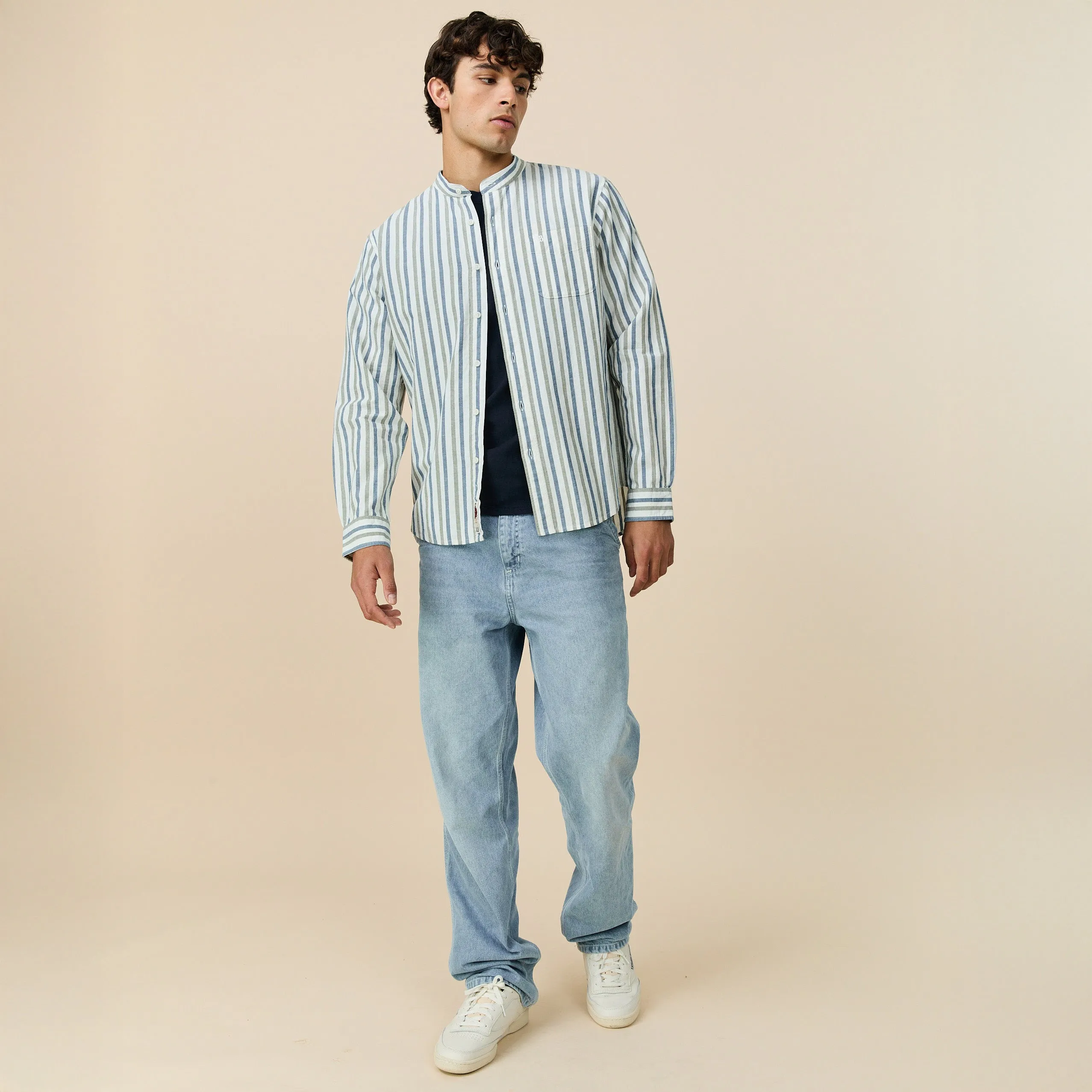 Men's Casual Linen Band Collar Shirt Blue Stripe sold by Rowing Blazers product image thumbnail 2