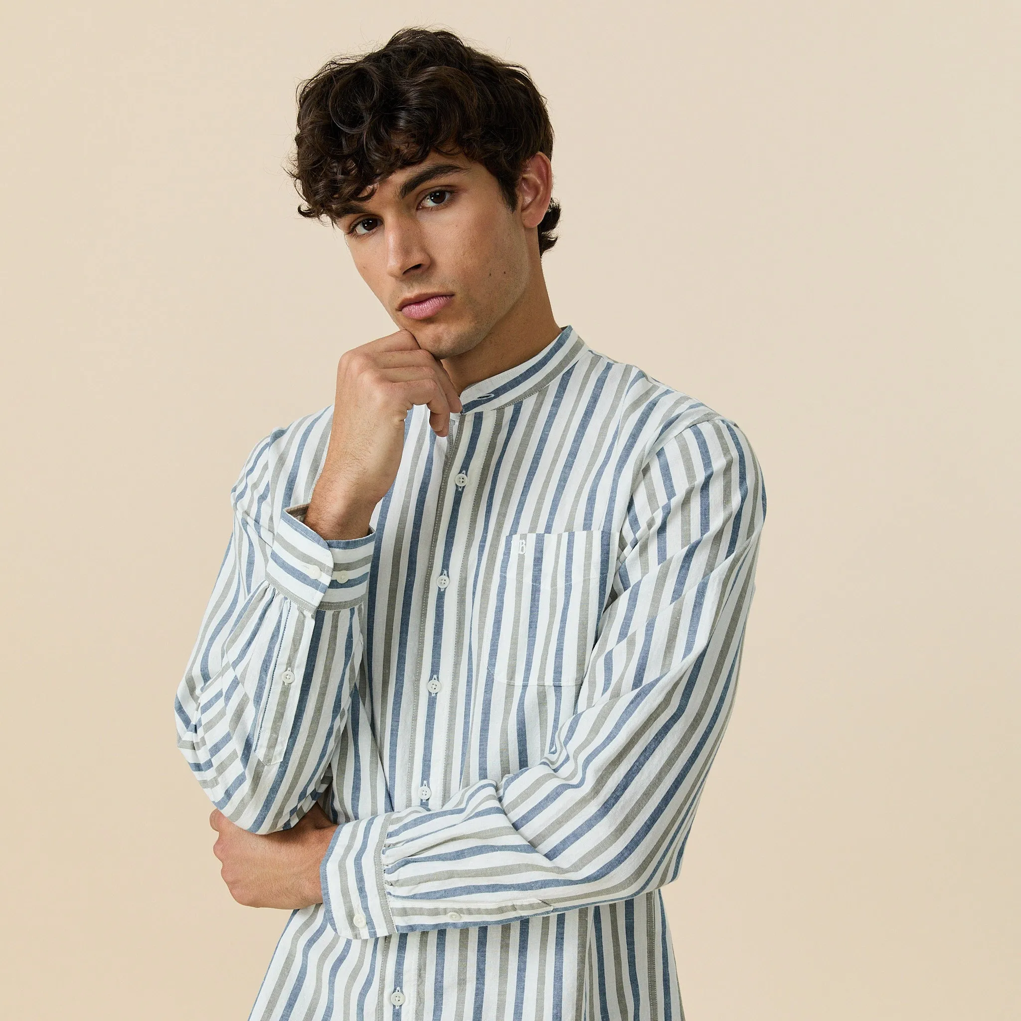 Men's Casual Linen Band Collar Shirt Blue Stripe sold by Rowing Blazers product image thumbnail 5