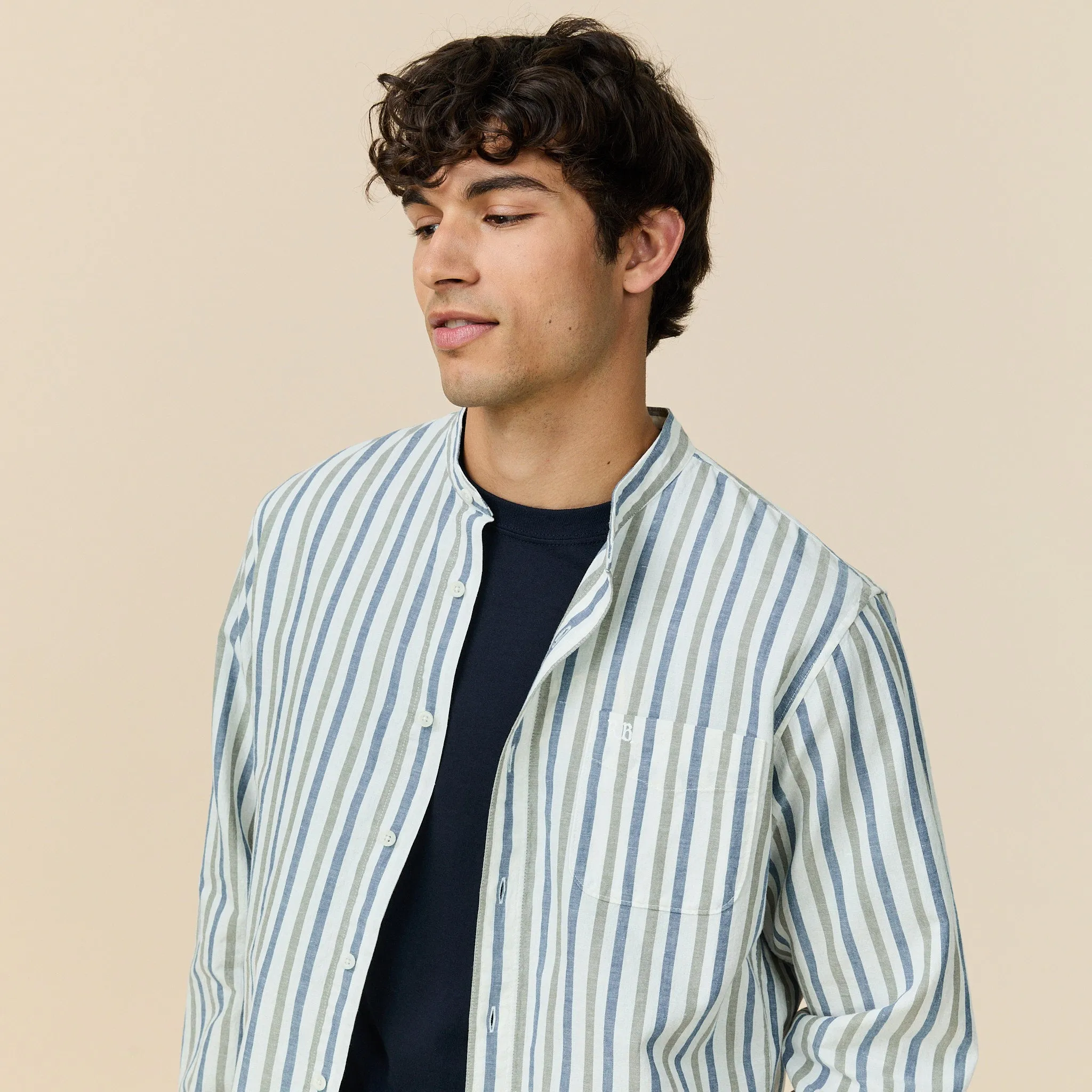 Men's Casual Linen Band Collar Shirt Blue Stripe sold by Rowing Blazers product image thumbnail 3