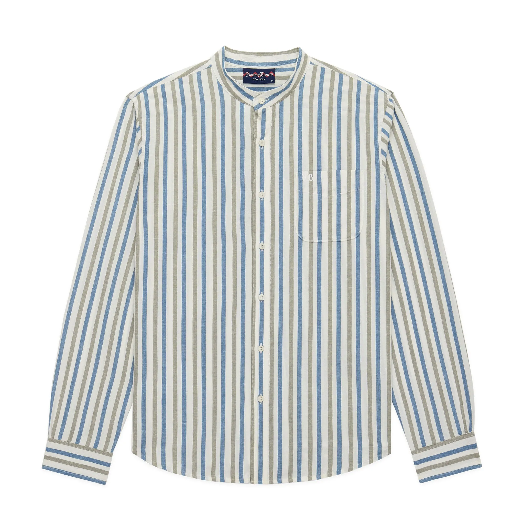 Men's Casual Linen Band Collar Shirt Blue Stripe sold by Rowing Blazers